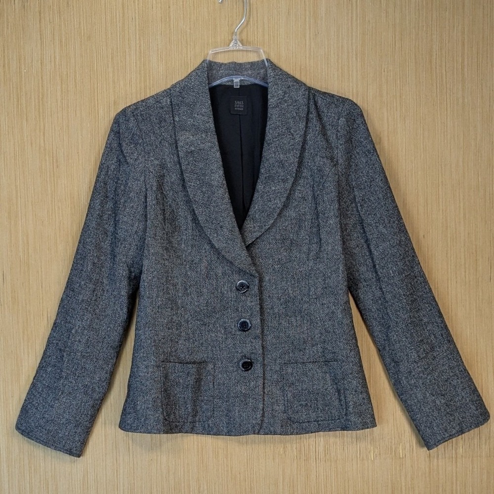 Saks Fifth Avenue Women Office Capsule Tweed Blazer Jacket Small Grey Wool Blend